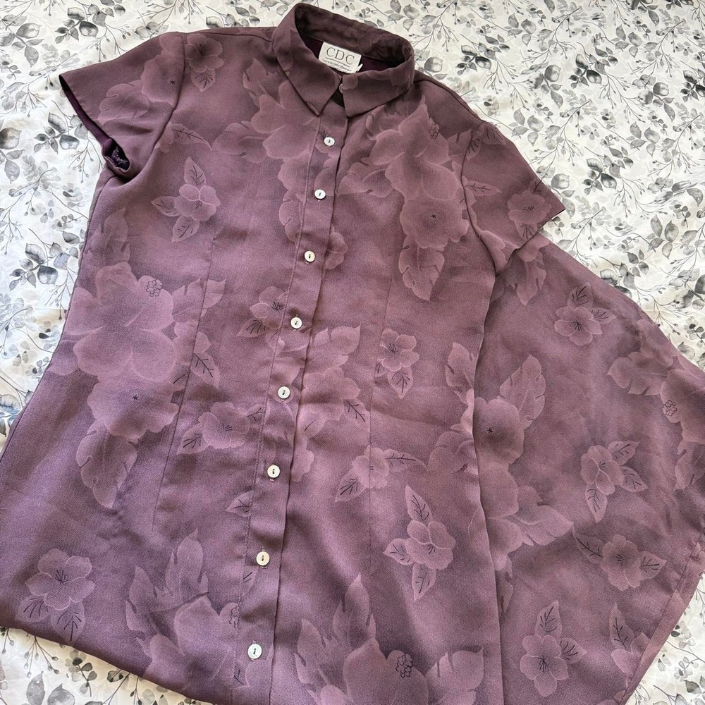 Whimsy Purple Vintage Collared Short Sleeve floral Maxi Dress with Buttons - Picture 2 of 6